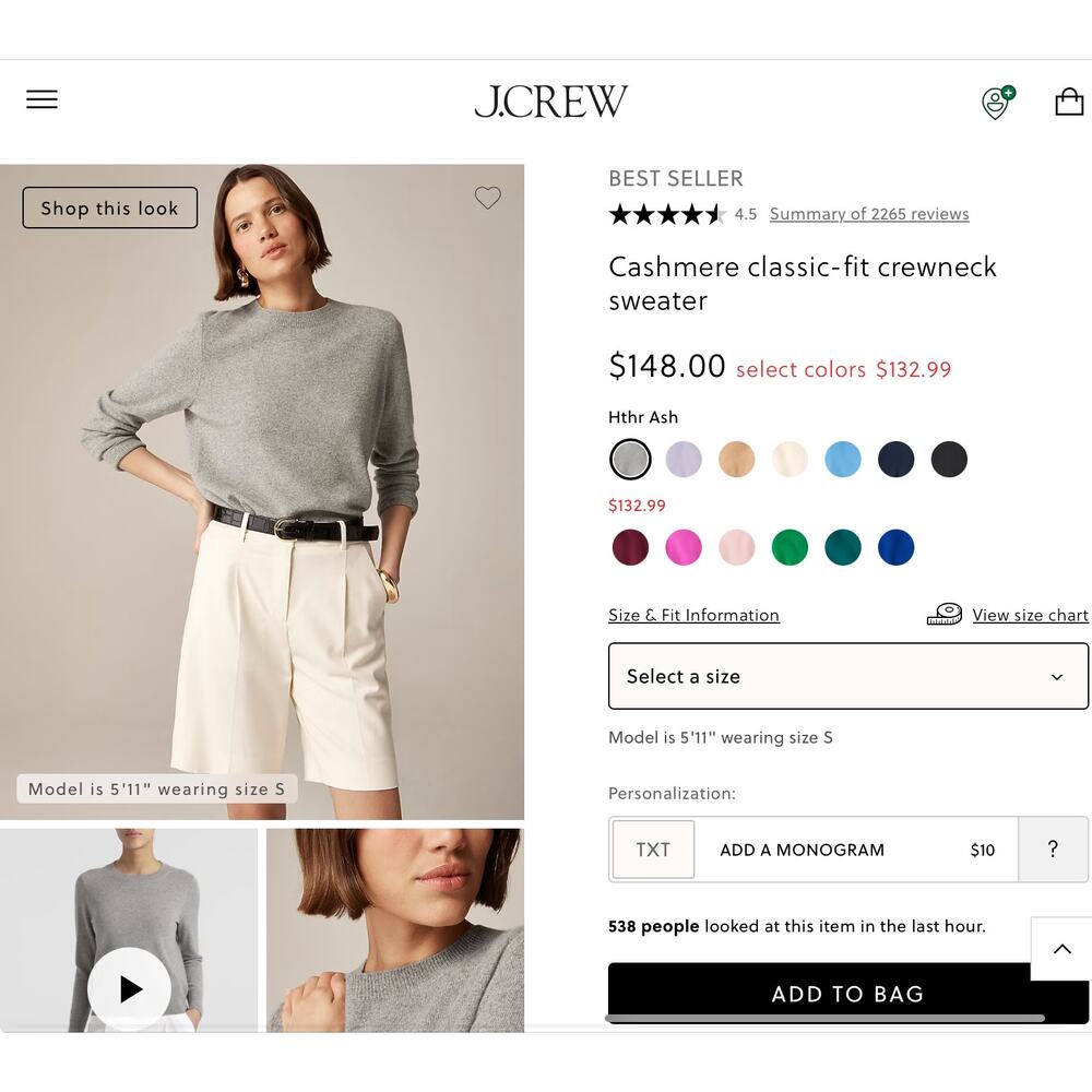NWT J.Crew Classic Fit Crew 100% Cashmere Sweater Knit Heather Ash Gray $148 - S - Picture 2 of 8